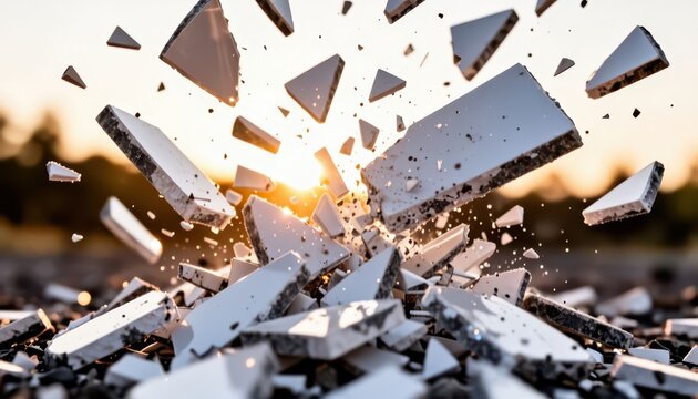 fragments of shattered material exploding outward. Bright sunlight creates a dynamic backdrop, emphasizing the chaos of the shattered pieces.