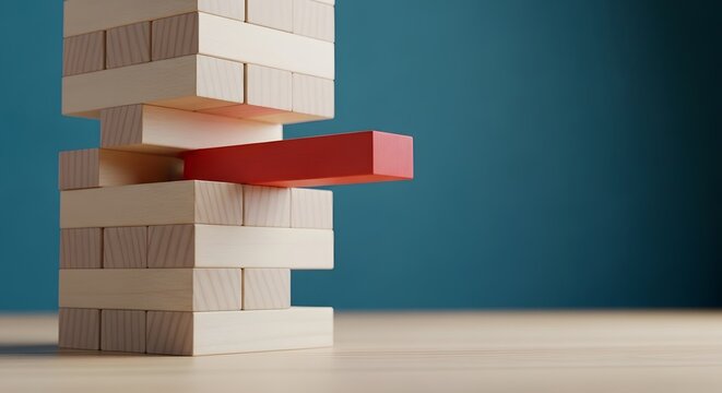 Jenga tower in peril a close up of a precarious block pull