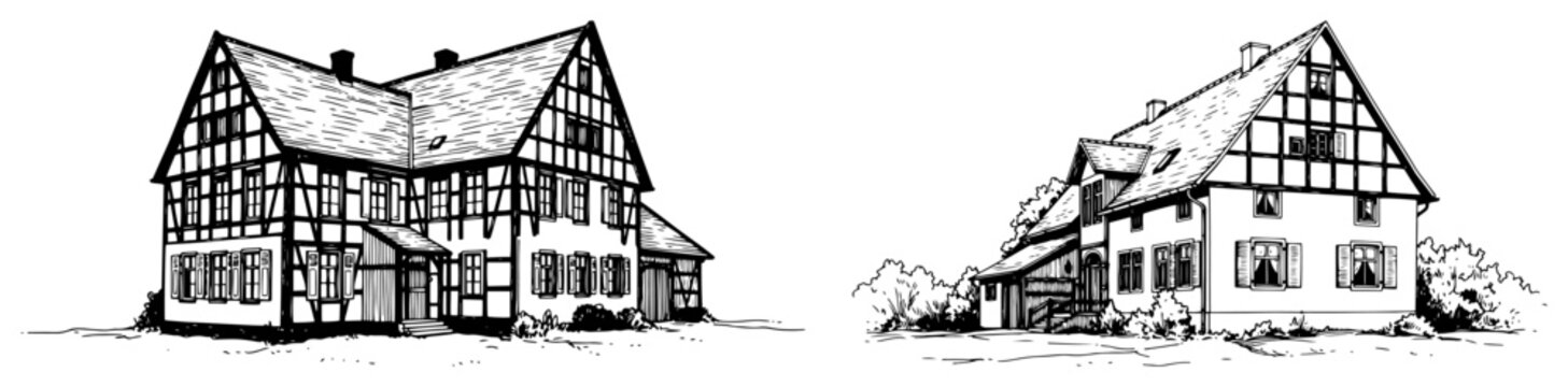 Half timbered houses in traditional european architecture style drawn in vintage engraving