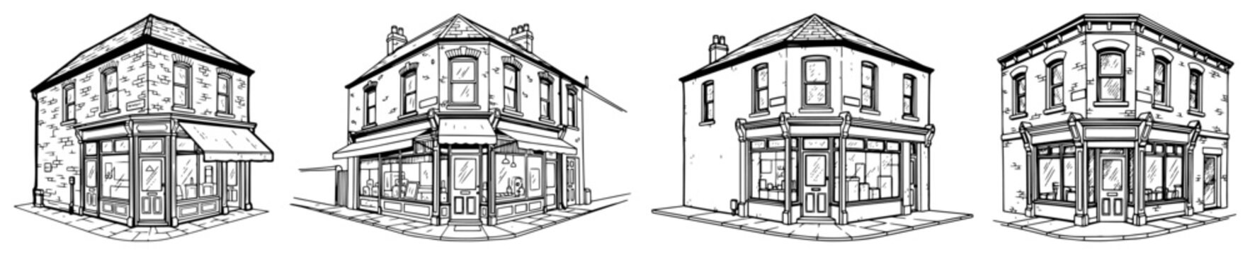 Corner shop buildings with storefront windows in vintage engraving style