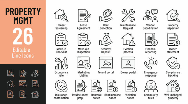 Property Management Line Editable Icons set. Vector illustration in modern thin line style of real estate icons: rent collection, lease agreement, maintenance