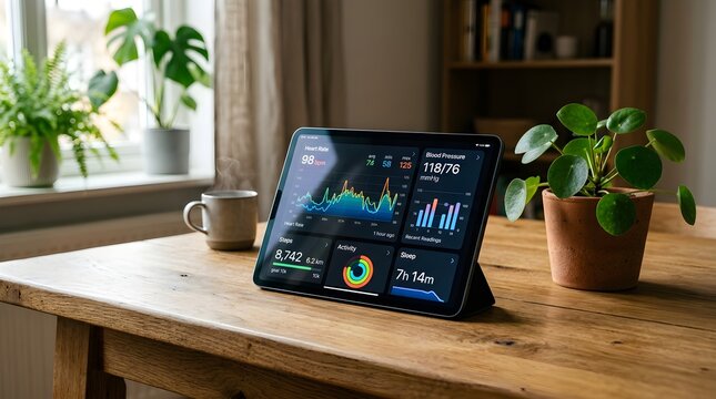 A tablet displays graphs on a wooden desk beside a plant and coffee.