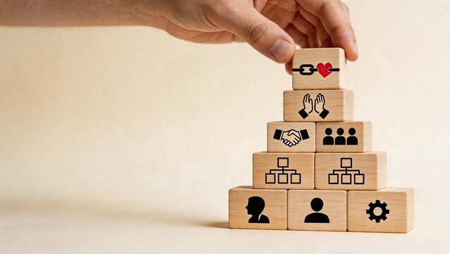 Business man stacking wooden blocks to build a pyramid human resource management teamwork leadership strategy corporate organization building company foundation HR structure