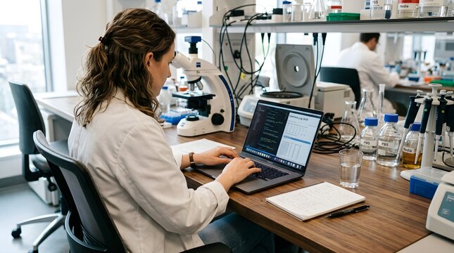 Scientist working on laptop in laboratory with microscope and equipment nearby.