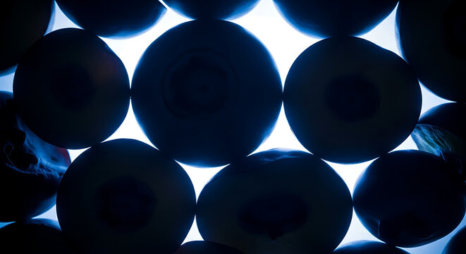 Closeup of fresh blueberries backlit to create a silhouette effect