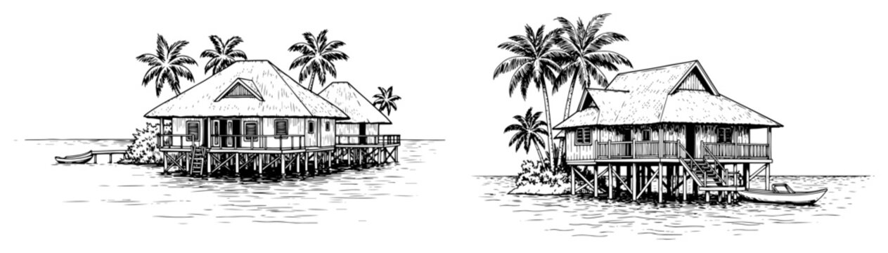 Tropical bungalows on stilts with palm trees in vintage engraving style