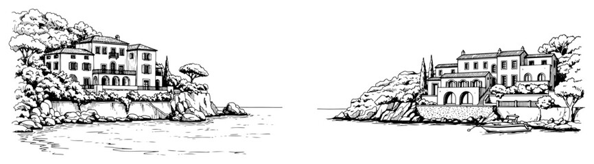 Fototapeta premium Mediterranean coastal villa on rocky seaside cliffs in vintage sketch style