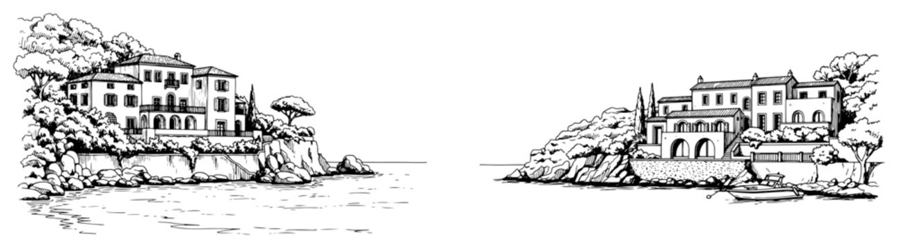 Mediterranean coastal villa on rocky seaside cliffs in vintage sketch style