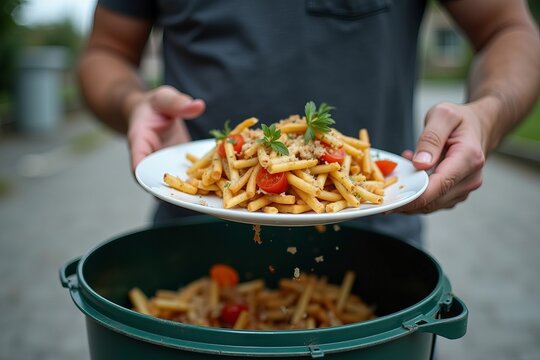 Close-Up Shot of a Man Discarding Food in Garbage Bin, Exposing Food Waste and Rapid Consumption