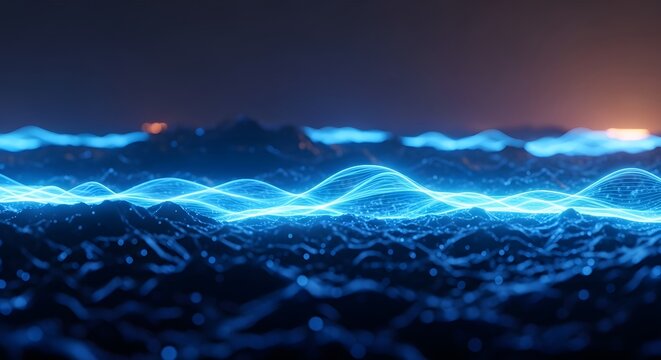 Vibrant blue sound waves over a crowd at a concert or music festival