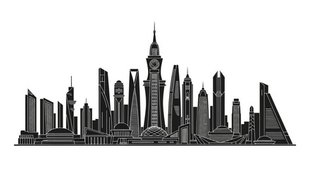 Fototapeta premium Mecca city skyline silhouette with Makkah Royal Clock Tower on white background