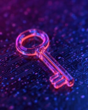 neon glowing key resting digital circuit board cybersecurity data access protection concept futuristic encryption technology close up abstract security system