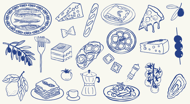 Whimsical italian food doodles. Quirky icons of Italian food in simple crayon and sketch style. Trendy art for menus and dinner brunch invitations. La dolce vita hand drawn vector illustration