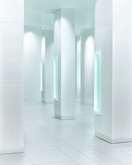 Naklejka premium Serene White Hallway with Recessed Lighting and Modern Columns Creating an Ample, Airy Architectural Space