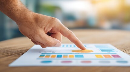 Obraz premium Close-up of a person's hand pointing at a colorful financial chart with graphs and data on a wooden table