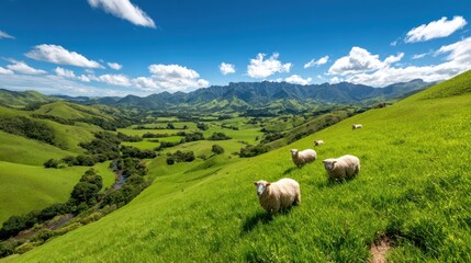 Fototapeta premium scenic view fluffy sheep grazing lush green rolling hills mountains blue sky peaceful countryside landscape pastoral nature wide angle serene outdoor concept