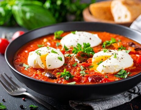 W&uuml;rzige Shakshuka-Bowl mit Ei und Tomatensauce, rustikal modern