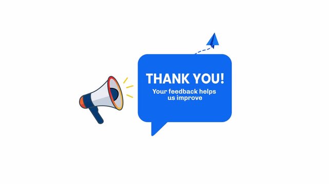 Flat design animation of thank you feedback message with megaphone and speech bubble in vector style, transparent background, alpha channel 