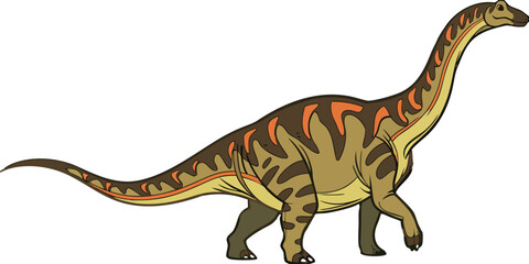 A large, herbivorous dinosaur, identified as an Apatosaurus, dominates the center of the image. The creature stands in a natural pose, with its long neck gracefully curved upwards and slightly towards © Azad