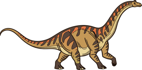 A large, herbivorous dinosaur, identified as an Apatosaurus, dominates the center of the image. The creature stands in a natural pose, with its long neck gracefully curved upwards and slightly towards © Azad