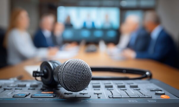 Close-up of professional microphone and headphones on soundboard in front of blurred business meeting with remote participants
