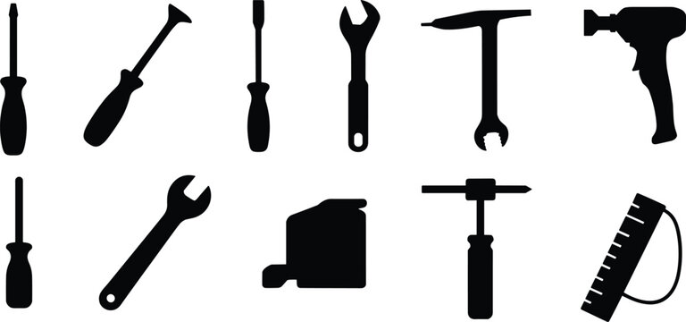 Hand tools and power drill silhouette collection screwdriver wrench hammer measuring tape workshop equipment icons isolated on light background