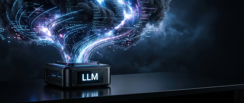 LLM ai chips neural data stream device emitting cloud of code and light conveying intelligence and connection