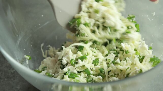 Close-up of mixing crumbled feta cheese, grated mozzarella, and fresh spring onions in a glass bowl