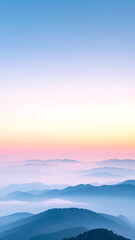 Obraz premium layered mountain ranges at sunrise with soft pastel sky, tranquil dawn atmosphere, serene natural landscape