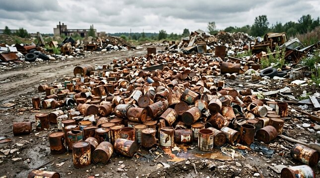 Rusting paint cans scattered across a junkyard dump site  