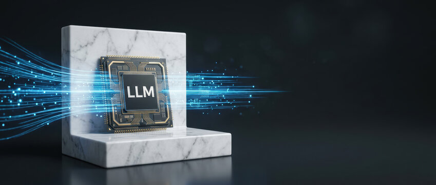 LLM ai chips concept marble pedestal with glowing data streams showing advanced processor power and futuristic computing energy