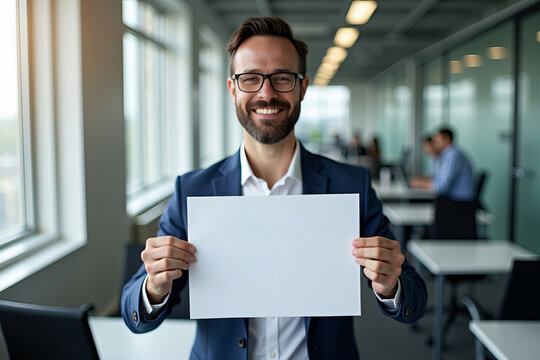 Man in a corporate office displaying a BCP Business Continuity Plan sign amidst a bustling workspace, symbolizing strategic planning and risk management.