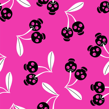 Vector seamless pattern with cherries and skulls instead of berries