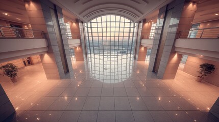 Naklejka premium Grand modern hotel lobby with large arched windows and polished marble floors reflecting warm light