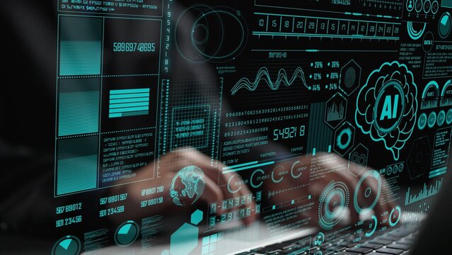 Explore a cutting-edge digital interface showcasing data visualization elements, AI metrics, and graphs, representing the forefront of technology and innovation. Cipher