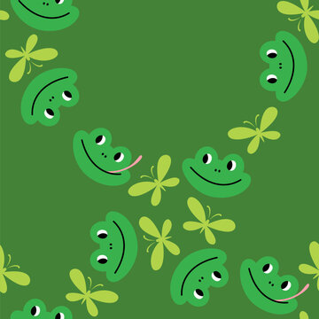 Vector seamless pattern with funny frogs and butterflies