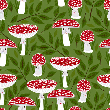 Vector seamless pattern with fly agarics in the forest