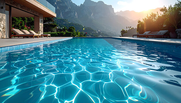 Luxury infinity swimming pool at sunset with mountains and palm trees, reflecting sunlight on rippling water, serene vacation resort atmosphere