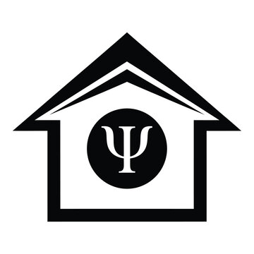 Psychology house symbol logo with psi sign inside roof  mental health concept icon