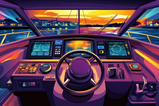 Interior view of a vessel's helm station at sunset. Digital illustration with vivid hues