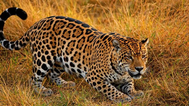 Leopard moves stealthily through golden tall grass, highlighting its striking coat and alert demeanor. Natural savanna setting captures wilderness