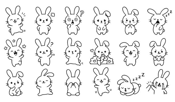Cute doodle bunny rabbit vector bundle with emotions and poses for sticker sheet and mascot design