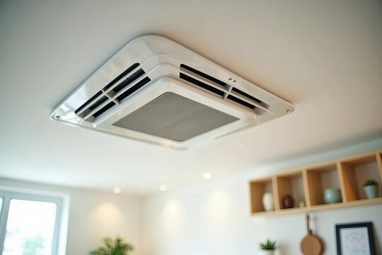 Modern Home Ceiling Ventilation System: A Detailed Shot Highlighting Clean and Efficient Air Circulation in a Well-Lit Room.