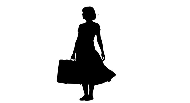 Creative vector graphic illustration showing the black silhouette of a stylish woman standing and holding a travel suitcase while waiting for her upcoming journey to begin
