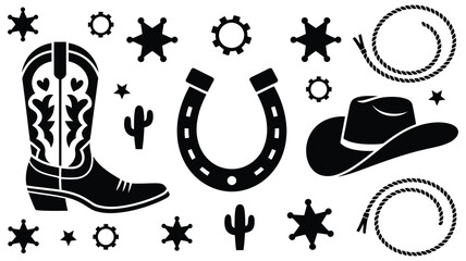 Western cowboy elements set on white background vector illustration, classic cowboy gear icons, rodeo rope saddle horse and pistol silhouettes, rustic western adventure concept graphic set. © Mizu Ahmed 2