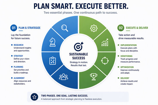 This graphic illustrates a two-phase plan for sustainable success, emphasizing strategic planning and execution with measurable results.