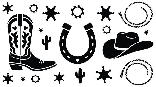 Western cowboy elements set on white background vector illustration, classic cowboy gear icons, rodeo rope saddle horse and pistol silhouettes, rustic western adventure concept graphic set.