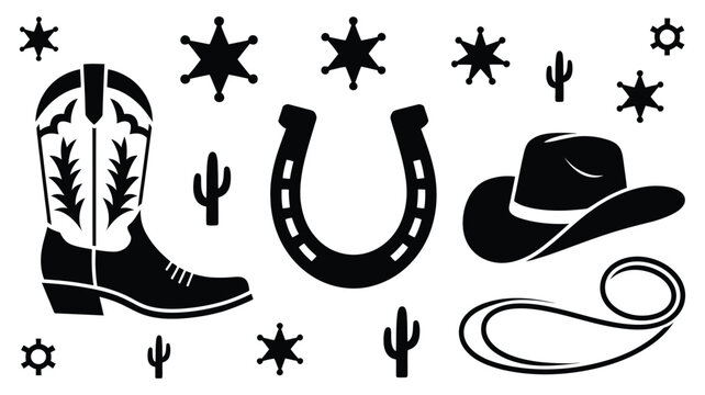 Western cowboy elements set on white background vector illustration, wild west culture symbols collection, cowboy hat spurs boots and desert themed decorative elements, clean flat vector design .