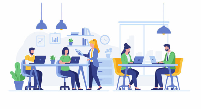 Diverse professionals collaborate in a modern office, working on laptops at desks
