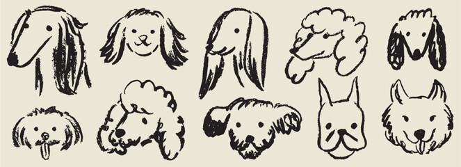 Scribble chalk or charcoal style dogs drawing. Hand drawn puppy sketch art. Wax crayon grunge funny whimsical cute charcoal illustrations for tshirt print, placard, poster or isolated doodle stickers.